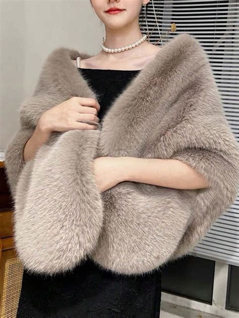 Plain Khaki Faux Fox Fur Shawl | SHEIN USA