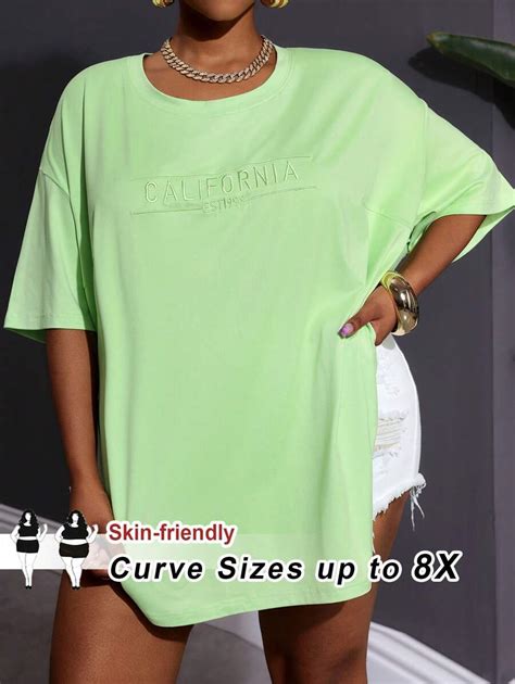 SHEIN CURVE+ Plus Size Women Summer Loose Letter Embroidery Dropped ...