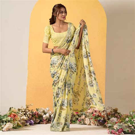 Yellow Floral Printed Chiffon Saree With Designer Border
