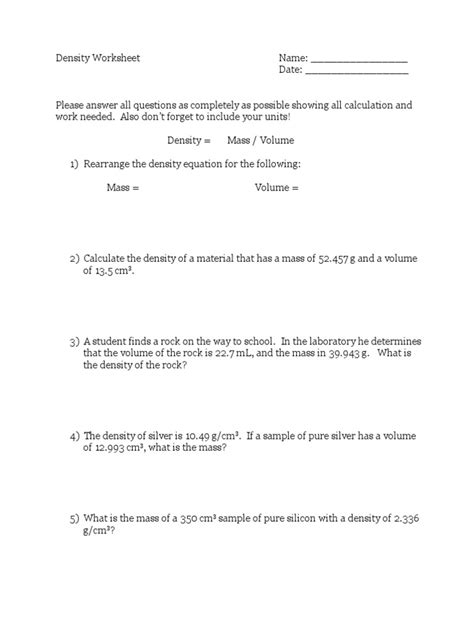 Density Worksheet PDF 的图像结果