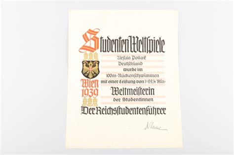 ratisbon's | Studentenweltspiele 1939 - Weltmeister Urkunde Ursula ...