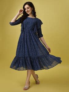 Fashion2wear Women A-line Dark Blue, Gold, Blue Midi/Calf Length Dress ...