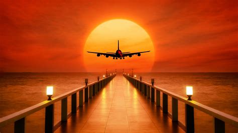Download wallpaper 1920x1080 airplane, photoshop, sunset, wharf full hd ...