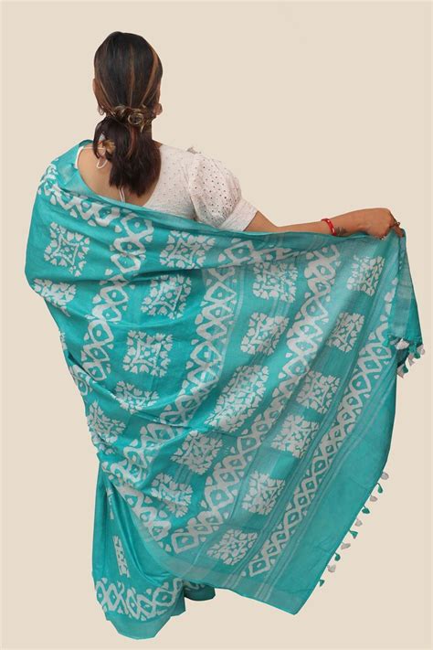 Bihar Khadi. Turquoise Pure Silk Cotton Batik Saree