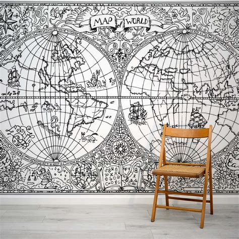 Vintage World Map Black & White Wall Mural | WallpaperMural.com