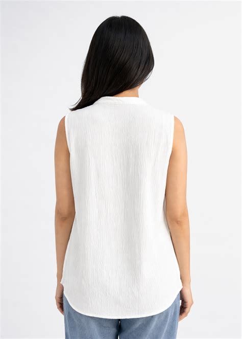 White Textured Mandarin Collar Workwear Top for Women | Flurr