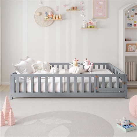 Full Size Floor Platform Bed for Kids with Fence & Door, Montessori ...