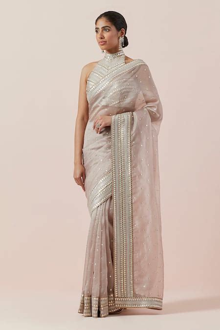 Buy Brown Silk Organza, Chanderi Sequins, Zari, Applique Aari ...