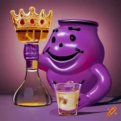 Purple kool-aid man breaking through a wall with a whisky punch glass ...