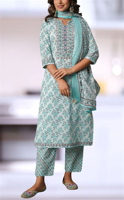 Sea Green/Grey Floral Cotton Kurti With Pant And Dupatta Set.Pure Vers ...