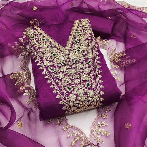 Purple Organza Fabric With Delicate Floral Cording Embroidery & Shimme