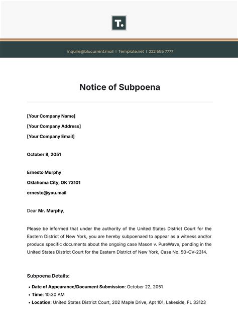 Free Notice Letter of Subpoena Template to Edit Online