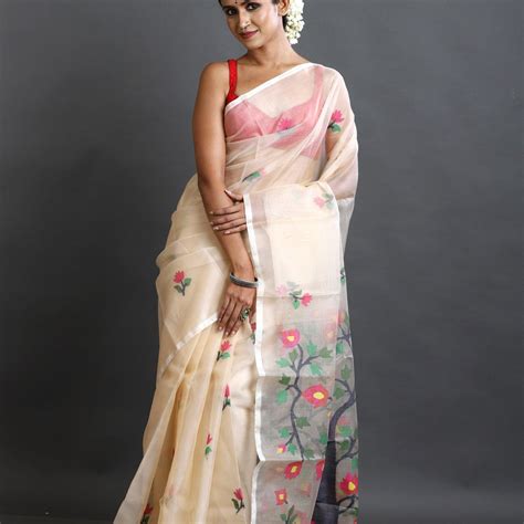Cream Muslin Silk Jamdani Saree With Multicolour Tree of Life Design ...
