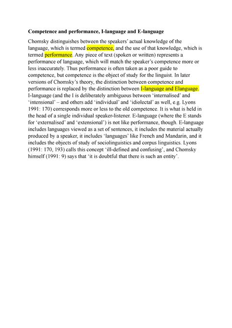 Chomsky - Competence and performance, I-language and E-language Chomsky ...