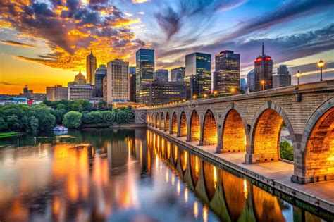 Minneapolis Skyline at Sunset Iconic Stone Arch Bridge Awaits Stock ...