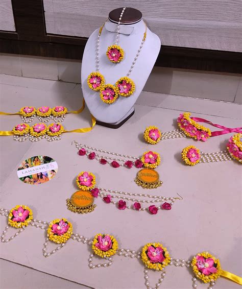 LAMANSH® Dulhaniyaa Yellow Pink Flower 🌸 Jewellery Set with Kamarbandh ...