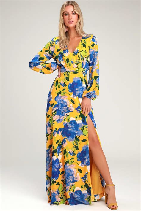 Carolita Yellow Floral Print Long Sleeve Maxi Dress | Yellow flower ...