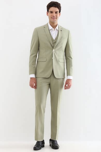 Buy Men Olive Slim Fit Textured Formal Three Piece Suit Online ...
