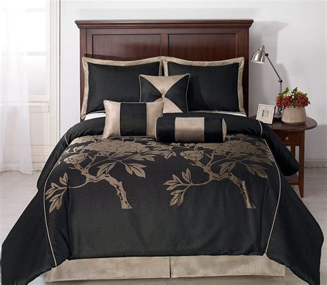 Nuit 7-Piece Floral Print Comforter Set, Queen, Black/Gold : Amazon.in ...