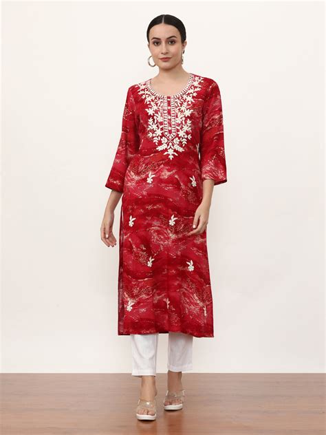 Embroidered Straight Floral Kurta - Jaipur Kurti