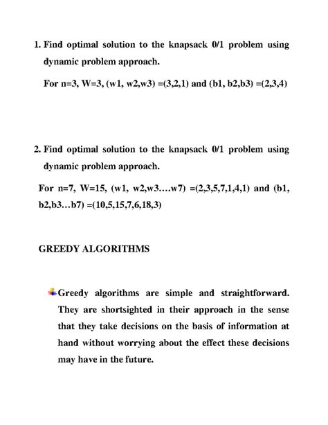Greedy knapsack Problem - 1. Find optimal solution to the knapsack 0/1 ...