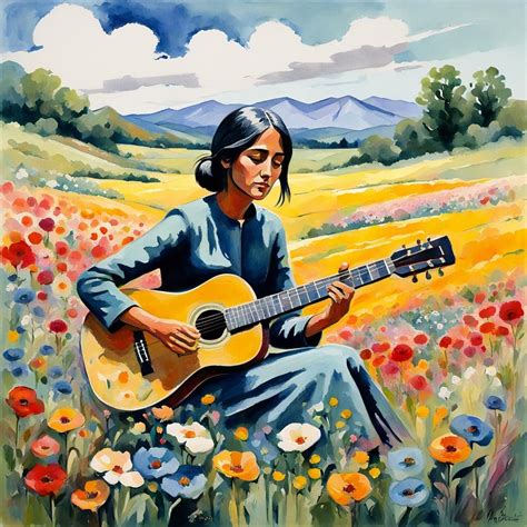 Young Joan Baez Young play guitare in a beautiful meadow full of flower ...