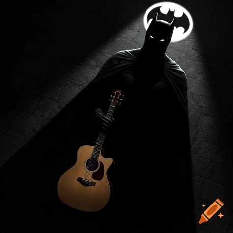 Batman's shadow holding a guitar in the Bat Signal light on Craiyon