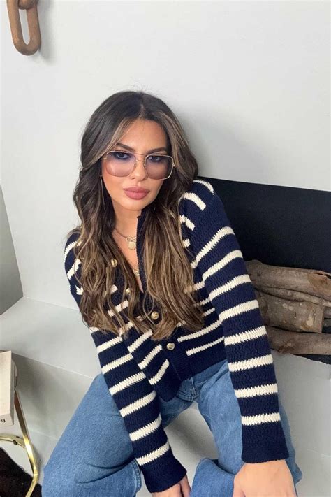 Navy Blue Cream Striped Herringbone Knit Cardigan - Sohotique By P ...