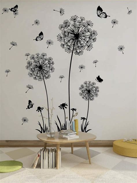 SHEIN 2pcs Dandelion Print Wall Sticker, Black Self Adhesive Wall Art ...