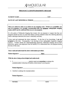 Fillable Online PREGNANCY ACKNOWLEDGEMENT RELEASE PATIENT NAME AGE DATE ...