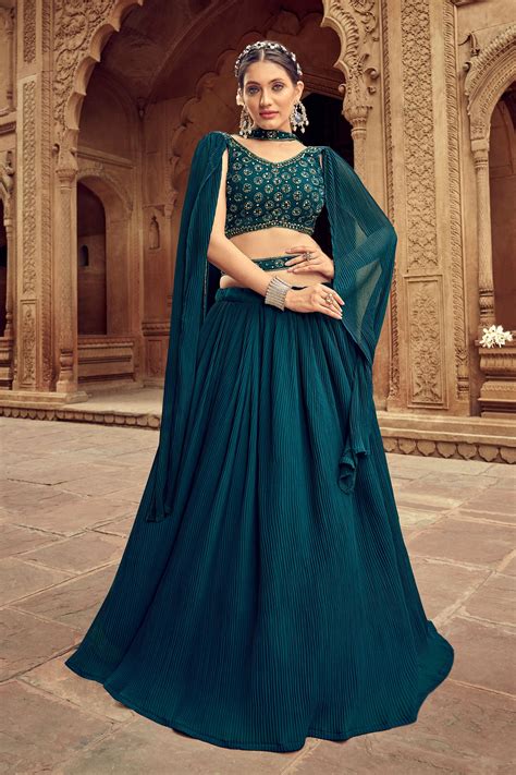 Buy Georgette Fabric Teal Color Fantastic Function Style Readymade Lehenga