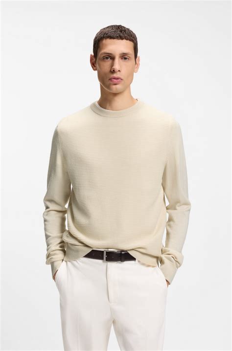 BOSS - Mixed-structure sweater in a virgin-wool blend - Natural