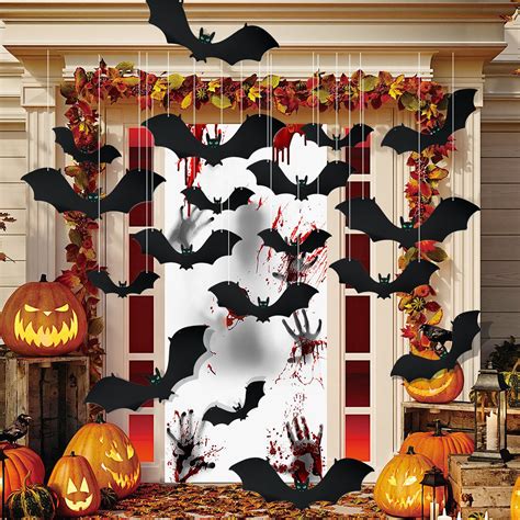 Amazon.com: 18 PCS Hanging Bats Halloween Decorations Outdoor 3 ...