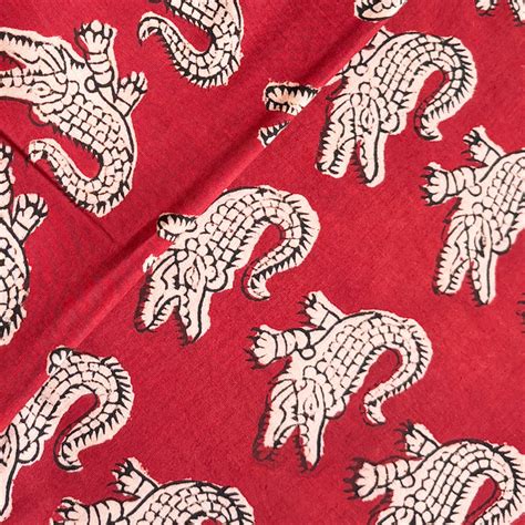Pure Cotton Bagru Red With Cream Crocodile Motif Hand Block Print Fabr ...