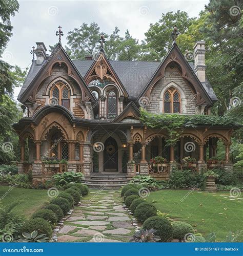 Ornate Gothic Revival House with Pointed Arches Stock Image - Image of ...