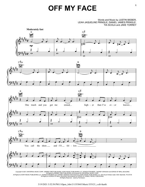 Off My Face (Piano, Vocal & Guitar (Right-Hand Melody)) - Sheet Music