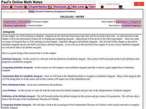 Paul's Online Notes: Calculus I: Integrals Activity for 9th - 10th ...