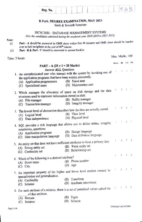 Reg 18 Sixth Semester University QP - Note: () Time: 3 hours 18CSC303J ...