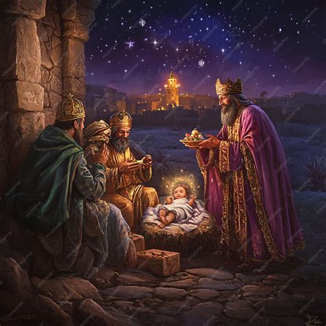 A traditional Epiphany scene with the three wise men bringing gifts to ...