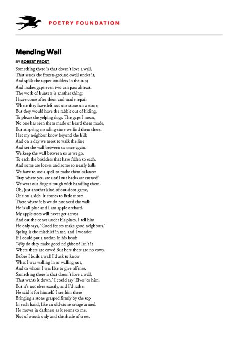 Mending Wall by Robert Frost Poetry Foundation - Mending Wall BY RO BE ...