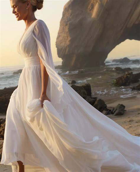 Vintage Chiffon Beach Wedding Dress Summer White Cap Destination