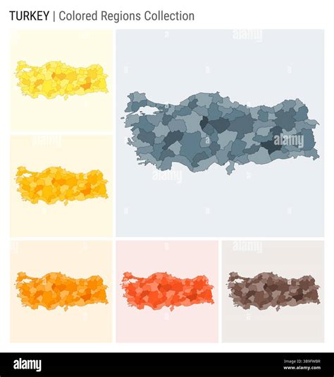 Turkey map collection. Country shape with colored regions. Blue, Grey, Yellow, Amber, Orange ...