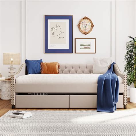 Buy Full Upholstered Daybed with Storage Drawers Mid-Century Design ...
