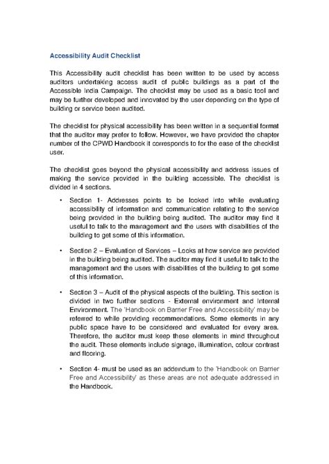 Access Audit Checklist CPWD - Accessibility Audit Checklist This ...