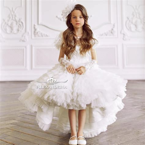 High Low Ivory Flower Girl Dresses Feathers Appliques Kids Pageant Gowns Tiered Ruffles Children ...
