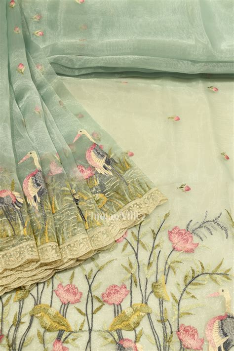 Light Blue Floral Theme Kora Organza Banarasi Saree – IndianVillèz