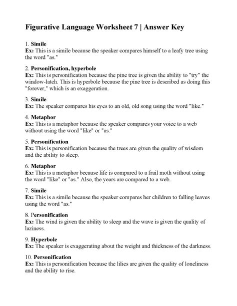 Figurative Language Worksheet 7 Answers | Language Worksheets