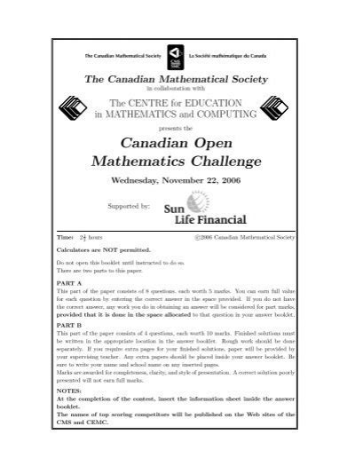 Image result for Canadian Open Mathematics Challenge Math Challenge Solutions