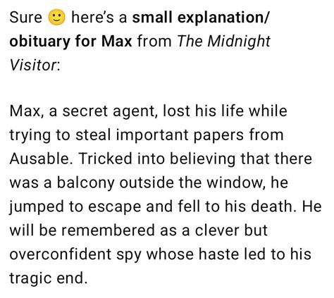 Obituary writing on Max from The Midnight visitor class 10 - Brainly.in
