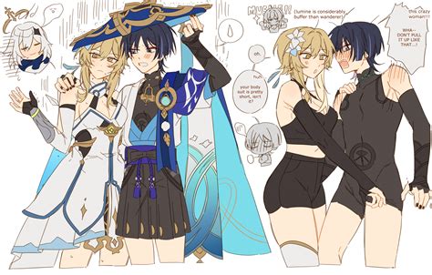 lumine, paimon, scaramouche, and wanderer (genshin impact) drawn by ...